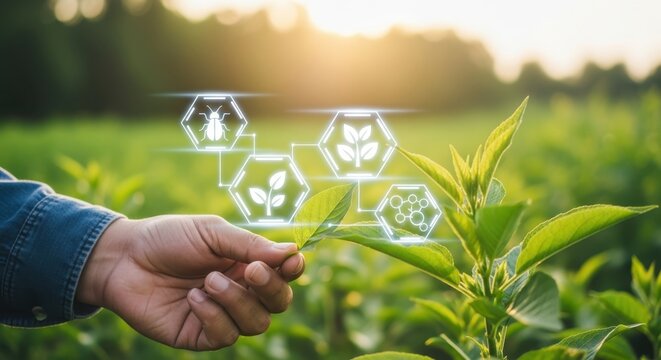 Farmer examining plant with digital icons for agriculture technology farming leaf