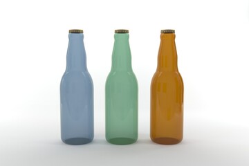 Three colorful beer bottles in a row, perfect for beverage branding and product design projects