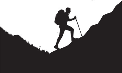 Silhouette of a hiker with backpack and poles climbing a steep mountain peak