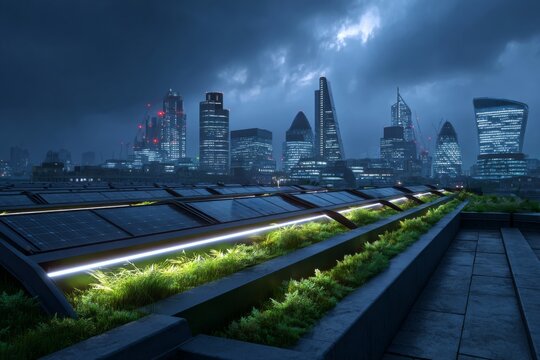 Rooftop solar panels and illuminated green plantings contrast with the modern city skyline at dusk under a dark blue sky. - Powered by Adobe