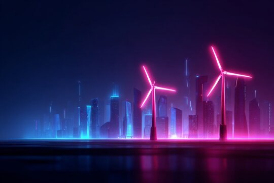 Two bright neon pink wind turbines stand before a futuristic city skyline glowing with blue and magenta lights at night.
