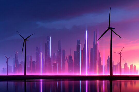 Wind turbines stand tall against a neon pink and purple glowing futuristic city skyline at twilight reflecting in water.