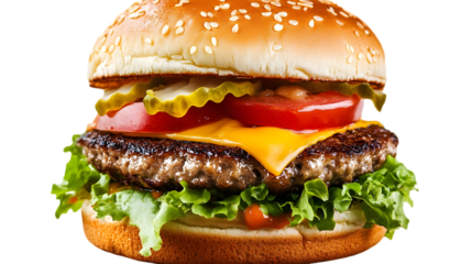 Close up of a tasty cheeseburger with beef patty, lettuce, tomato, cheese, and pickles isolated on transparent background