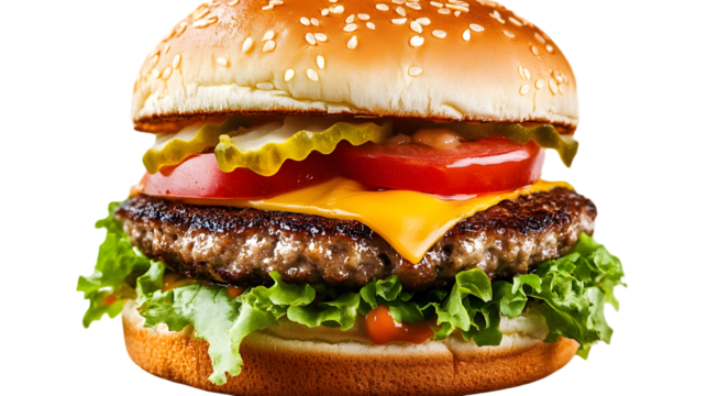 Close up of a tasty cheeseburger with beef patty, lettuce, tomato, cheese, and pickles isolated on transparent background - Powered by Adobe