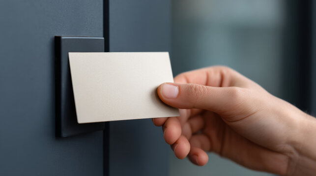 Close-up of hand holding blank card near black card reader for access control in modern building