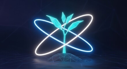 Glowing digital plant with orbiting light rings growth technology