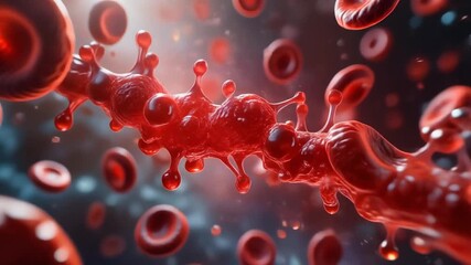 Microscopic view of a virus attacking red blood cells in the human bloodstream. - Powered by Adobe