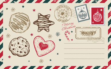 Christmas mail, postcard, hand drawn illustration.	

