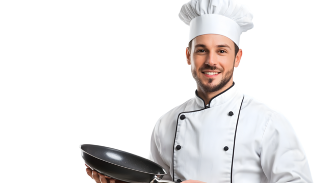 Handsome chef with a beard in uniform holding a frying pan isolated on transparent background with copy space