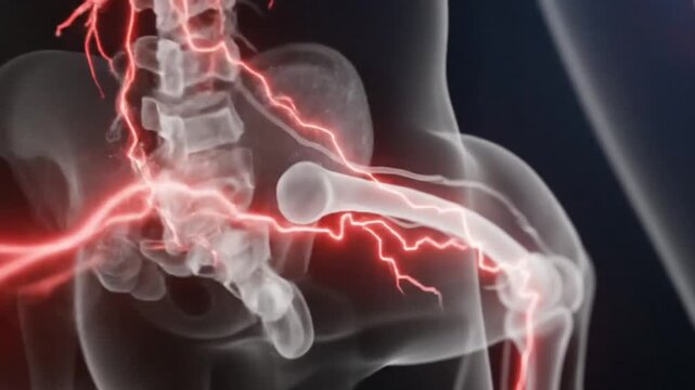 Sciatic Nerve Pain Transmission, Glowing Red Signal Pathway