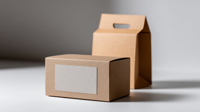 Minimalist brown kraft paper packaging boxes with blank label and handle on neutral background for branding