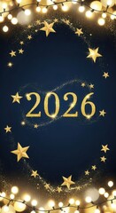 Fototapeta premium Golden 2026 Celebration: Glittering Stars and Warm Lights on Midnight Backdrop