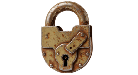 Old padlock security vintage metal rusty antique lock protection safety secure aged mechanism gold on transparent background