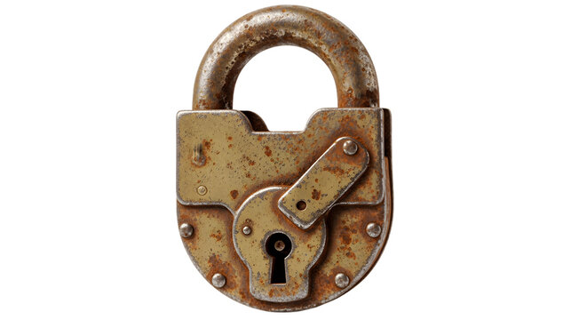 Old padlock security vintage metal rusty antique lock protection safety secure aged mechanism gold on transparent background - Powered by Adobe