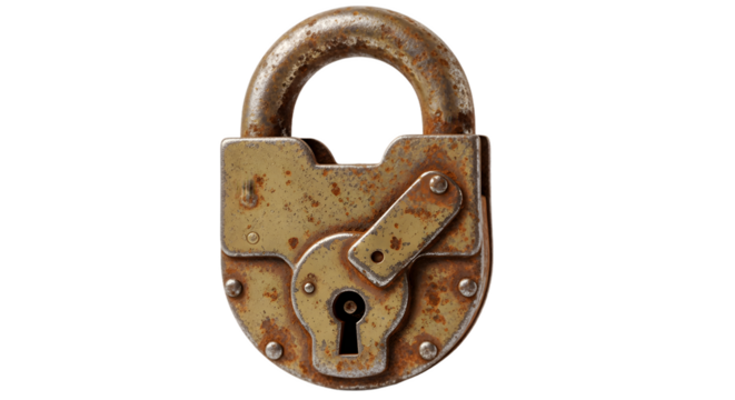 Old padlock security vintage metal rusty antique lock protection safety secure aged mechanism gold on transparent background