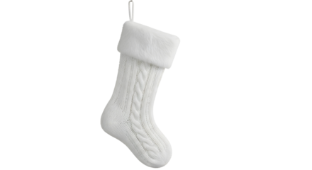 White knitted winter stocking with soft cuff, isolated PNG