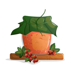 Red currant jam or tea jar with leaves. Glass jar filled with red currant jam or fruit tea, decorated with leaves and berries, perfect for food packaging, recipes, farm branding and organic themes.