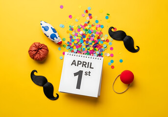 Spiral calendar displaying April 1st surrounded by colorful confetti and playful props, representing jokes, pranks, and humor associated with April Fool’s Day celebrations