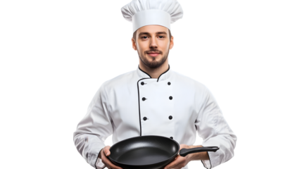 Confident chef in uniform holding a frying pan isolated on transparent background, ready to cook a delicious meal
