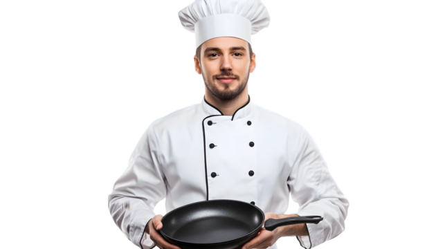 Confident chef in uniform holding a frying pan isolated on transparent background, ready to cook a delicious meal