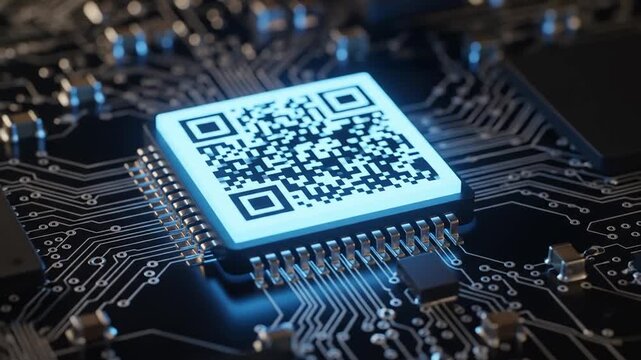 A glowing QR code generated on a computer processor chip, symbolizing digital data transfer and secure information technology on a circuit board - Powered by Adobe