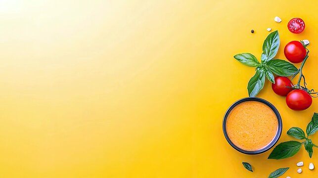 A bowl of orange tomato soup is garnished with fresh basil leaves and cherry tomatoes on a vibrant yellow surface.