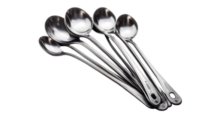 Overhead shot of six shiny metal spoons isolated on transparent background, perfect for tea or coffee