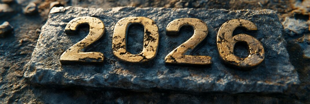 Golden 2026 numerals etched into a rough, dark stone surface, conveying a sense of time and anticipation