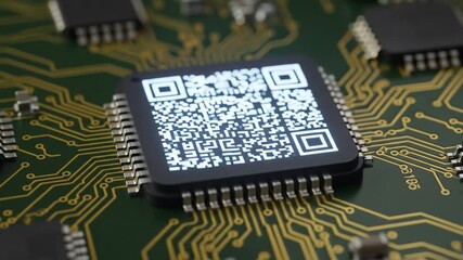 A detailed macro view of a computer microchip featuring a luminous QR code on its surface, symbolizing the integration of digital data and hardware technology - Powered by Adobe
