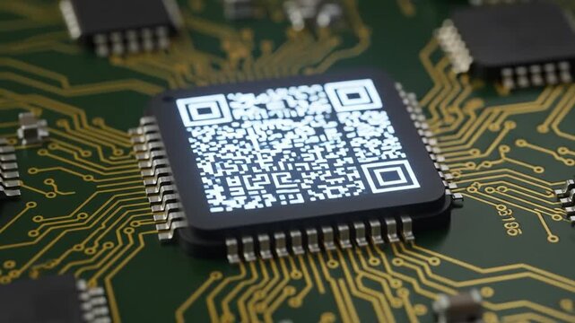 A detailed macro view of a computer microchip featuring a luminous QR code on its surface, symbolizing the integration of digital data and hardware technology - Powered by Adobe
