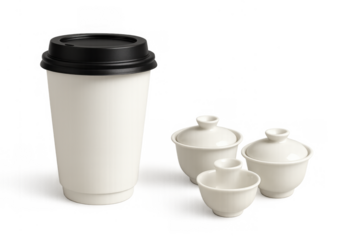 Comparing modern disposable coffee cup with traditional chinese gaiwan tea sets, east and west beverage ritual concept