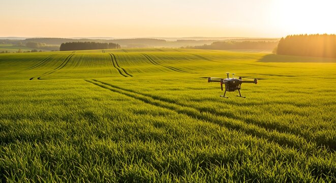 Drone flying over lush green crop field at sunrise, showcasing smart agriculture technology, precision farming, environmental monitoring, sustainable food production and modern agritech innovation