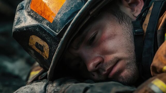 A firefighter resting after a long day, lying down on the grass