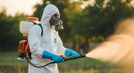 Agricultural worker spraying pesticides on farmland using protective suit and mask, crop protection and plant care, modern farming technology for pest control in agriculture fields