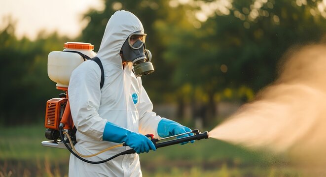 Agricultural worker spraying pesticides on farmland using protective suit and mask, crop protection and plant care, modern farming technology for pest control in agriculture fields