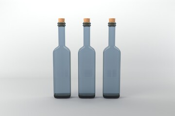 Elegant glass bottles with cork stoppers for olive oil, vinegar, or spirits in a modern kitchen setting