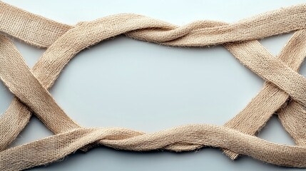A decorative frame made of intertwined burlap ribbons creates an abstract shape on a plain, light blue background.