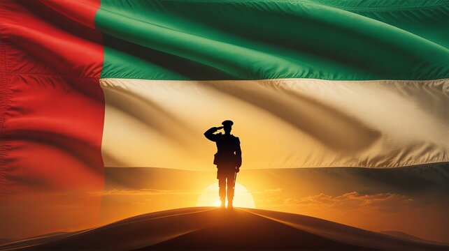 Saluting UAE soldier at sunset with large national flag, silhouette and golden horizon, tribute to heroism