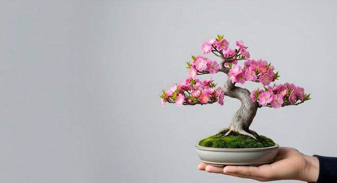 Hand holding a beautiful flowering bonsai tree in a ceramic pot, symbolizing Zen, balance, miniature gardening, mindfulness, Japanese tradition, nature art, and peaceful home decor with blooming pink 