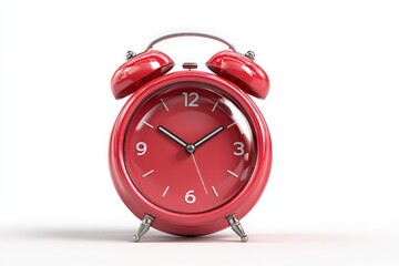 A 3D render of a classic red twin-bell alarm clock, ringing (with motion lines). Isolated on a plain white background with a soft shadow. Time or morning concept.