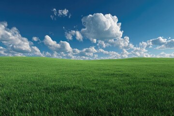 Fototapeta premium Vast grassy field under a partly cloudy sky. Rolling hills