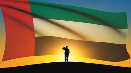 Saluting UAE soldier at sunset with large national flag, silhouette and golden horizon, tribute to heroism