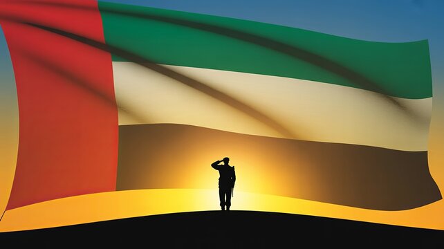 Saluting UAE soldier at sunset with large national flag, silhouette and golden horizon, tribute to heroism