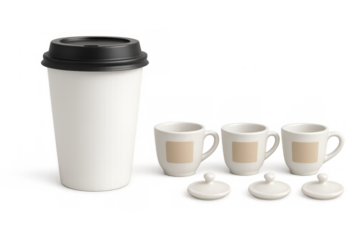 Disposable coffee cup with lid and set of three ceramic espresso cups with lids, a collection of drinkware
