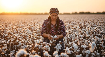 Woman working in a cotton field at sunset, harvesting cotton by hand in an agricultural landscape, symbolizing farming, rural labor, textile production, sustainability and traditional agriculture