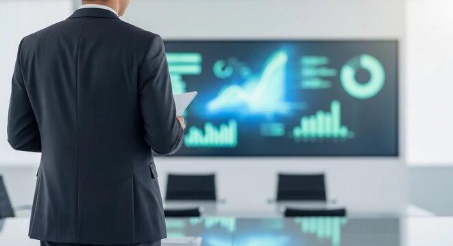 Professional businessman presenting financial data and analytics on a large digital screen in a modern corporate boardroom