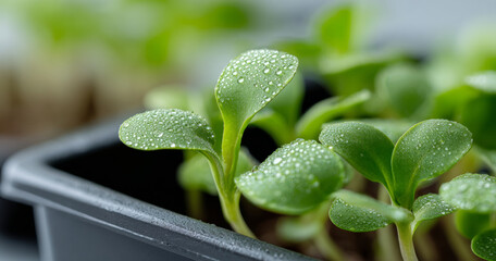 Close-up of young green seedlings with water droplets growing in a black plastic tray, showcasing fresh growth and early plant development indoors