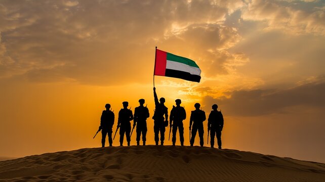 UAE soldiers raising flag at sunset in desert, national unity and honor, Martyr&rsquo;s Day tribute photograph