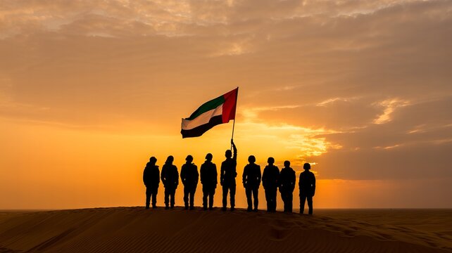 UAE soldiers raising flag at sunset in desert, national unity and honor, Martyr&rsquo;s Day tribute photograph