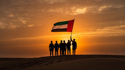 UAE soldiers raising flag at sunset in desert, national unity and honor, Martyr’s Day tribute photograph
